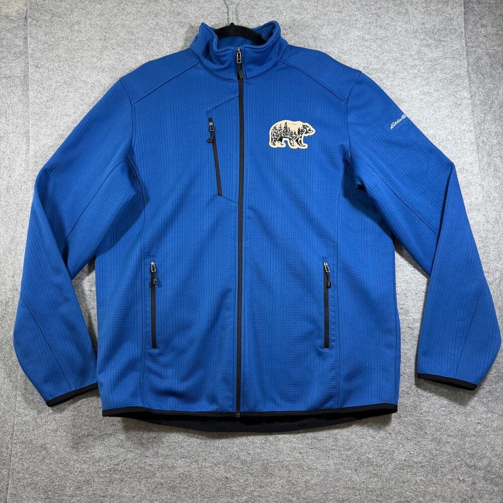 Eddie Bauer Full Zip Fleece Jacket Mens XL Blue Bear Patch Outdoor Hiking Camp